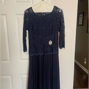 Navy blue lace formal gown.